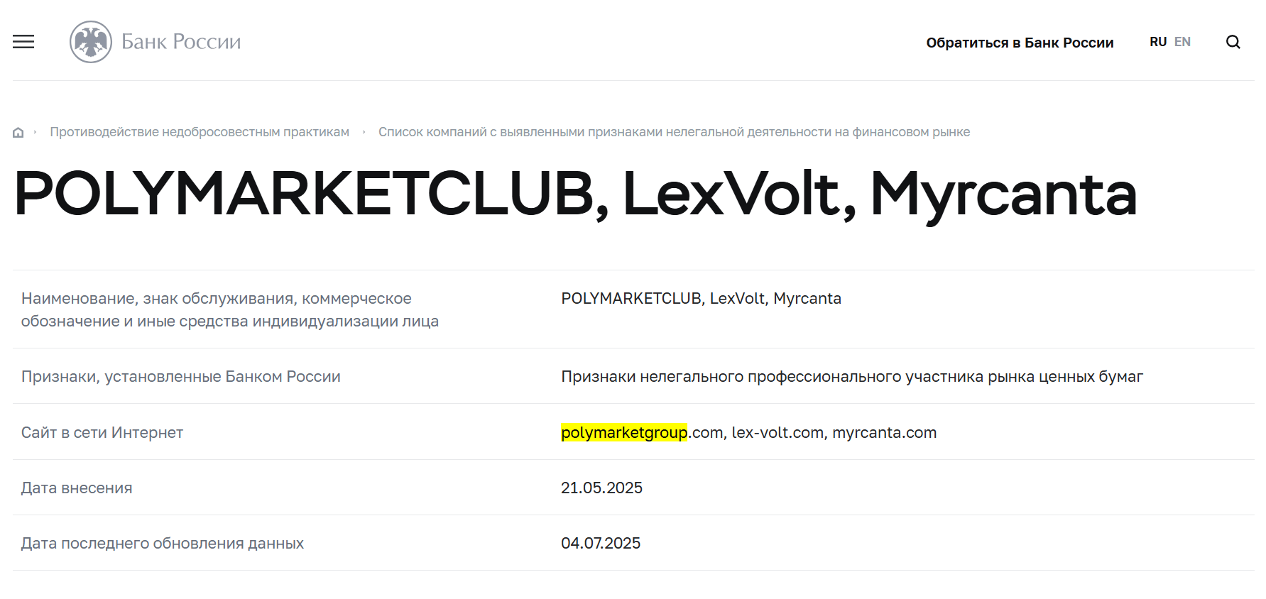 список цб Polymarket Group