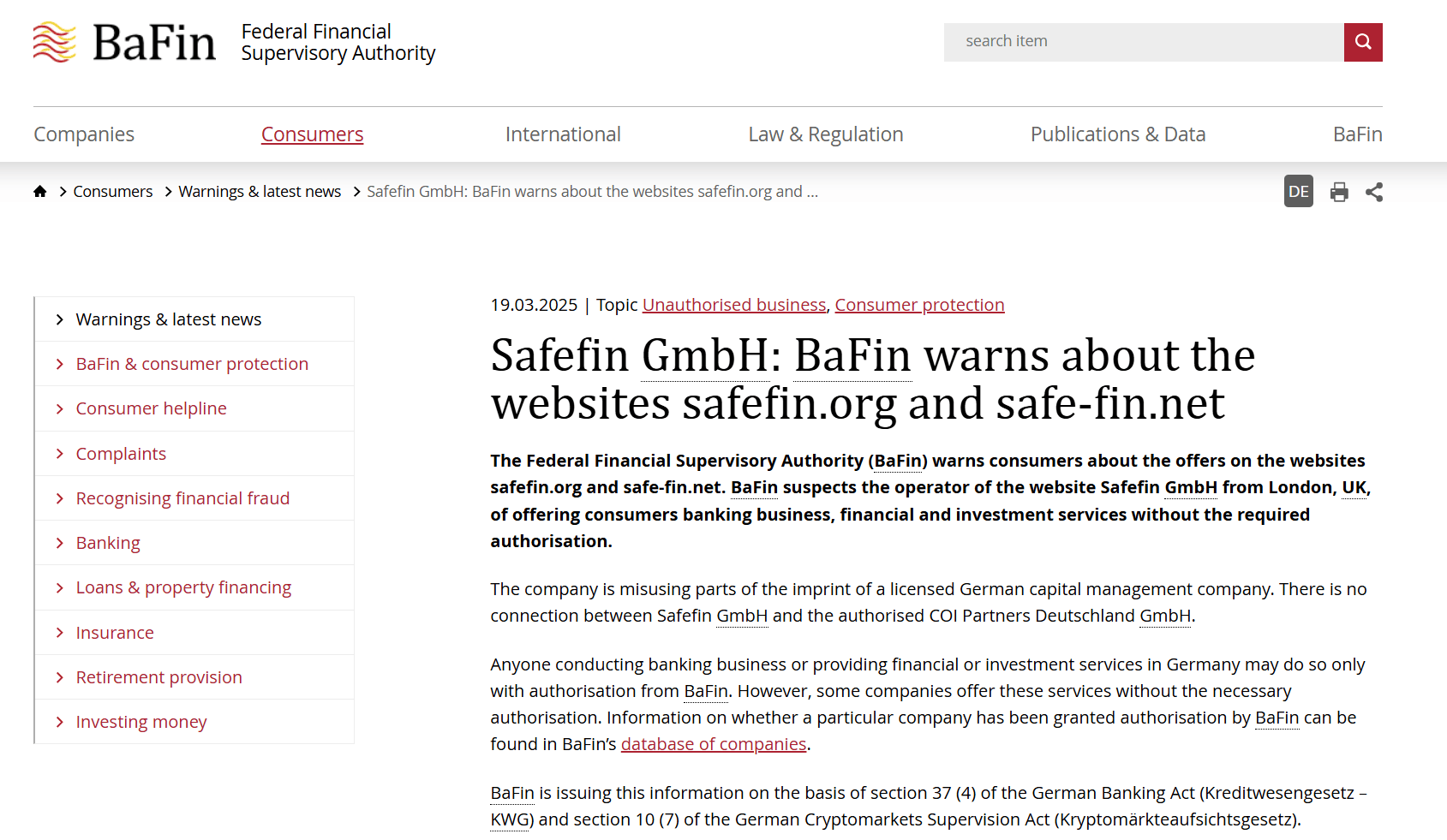 инфо о реестре SafeFin